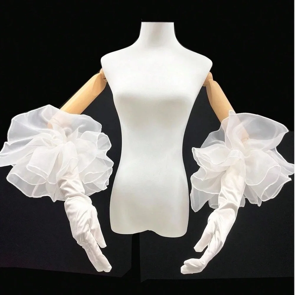 New White Satin Opera Evening Gloves Wedding Tulle Puff Vintage Long Formal